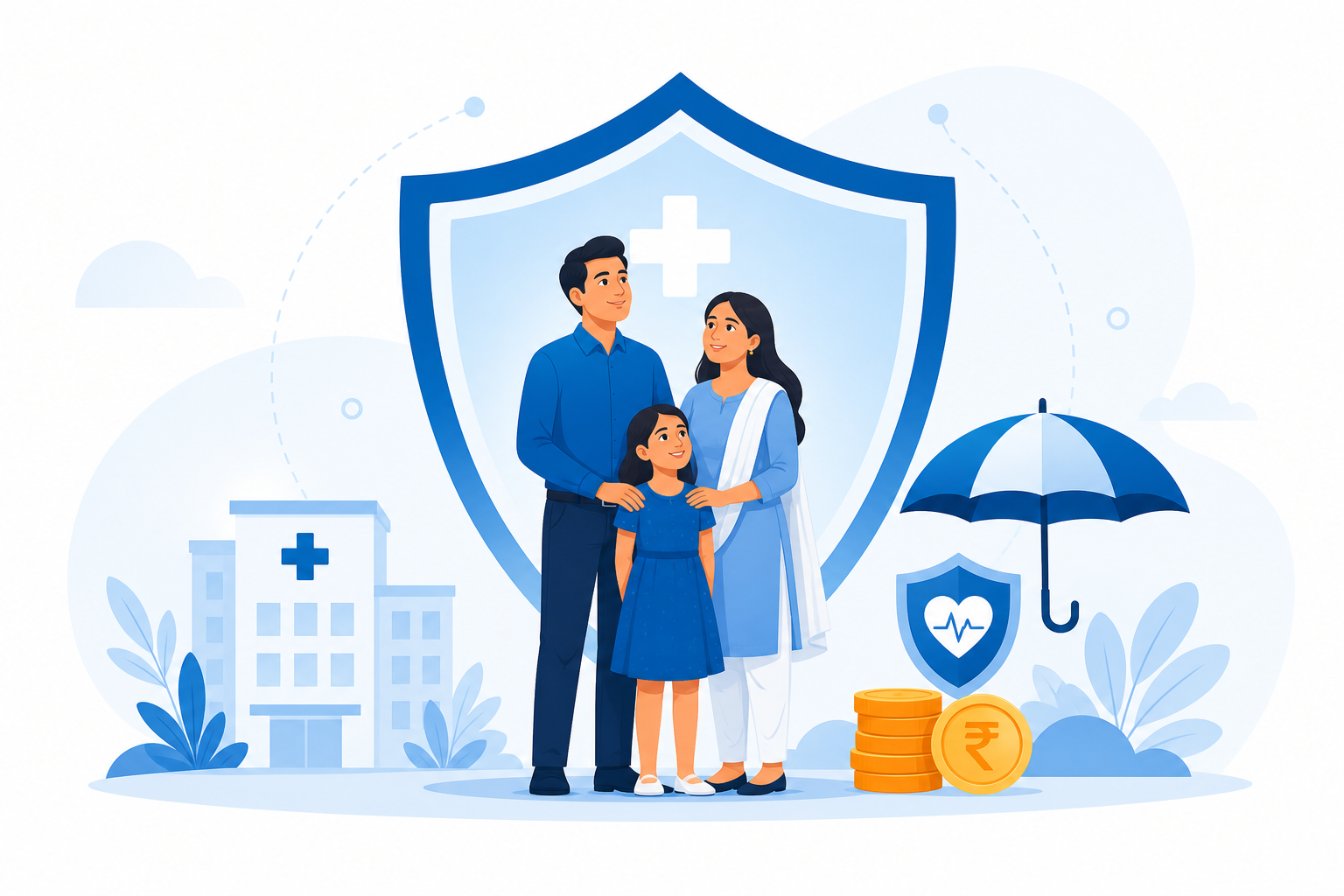 Family protected by health and life insurance coverage, symbolising financial security during hospitalisation and unforeseen events