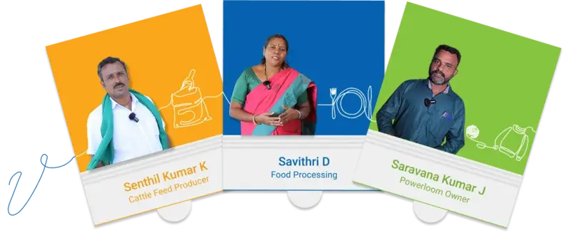 Profiles of Vistaar Finance customers: Senthil Kumar K, cattle food producer, Savitha D, food processing entrepreneur, Saravana Kumar J, powerloom owner.
